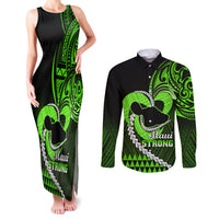 Personalised Hawaii Couples Matching Tank Maxi Dress and Long Sleeve Button Shirts Maui Be Strong Kakau Green Version - Wonder Print Shop