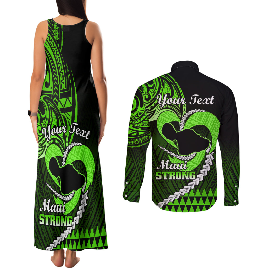 Personalised Hawaii Couples Matching Tank Maxi Dress and Long Sleeve Button Shirts Maui Be Strong Kakau Green Version - Wonder Print Shop