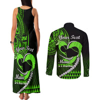 Personalised Hawaii Couples Matching Tank Maxi Dress and Long Sleeve Button Shirts Maui Be Strong Kakau Green Version - Wonder Print Shop