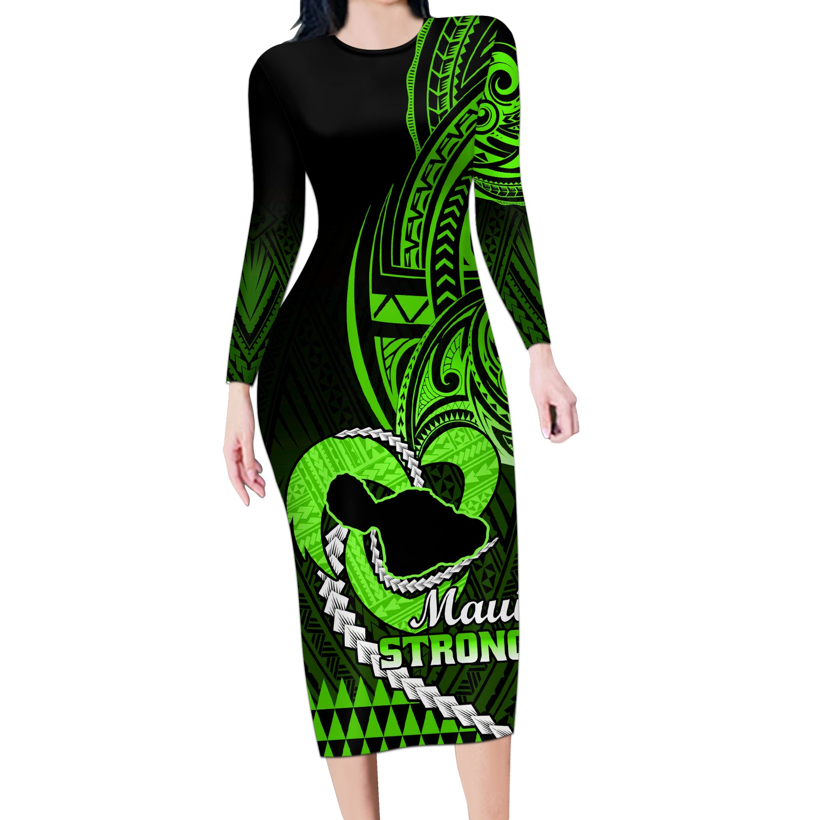 Personalised Hawaii Long Sleeve Bodycon Dress Maui Be Strong Kakau Green Version - Wonder Print Shop