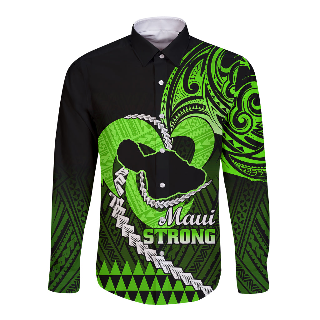 Personalised Hawaii Long Sleeve Button Shirt Maui Be Strong Kakau Green Version - Wonder Print Shop