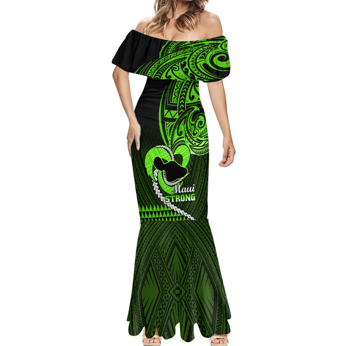 Personalised Hawaii Mermaid Dress Maui Be Strong Kakau Green Version - Wonder Print Shop