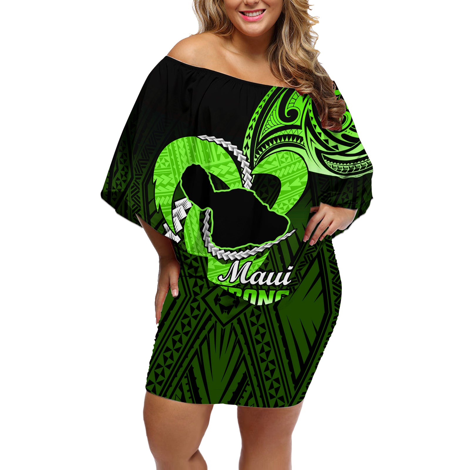 Personalised Hawaii Off Shoulder Short Dress Maui Be Strong Kakau Green Version - Wonder Print Shop