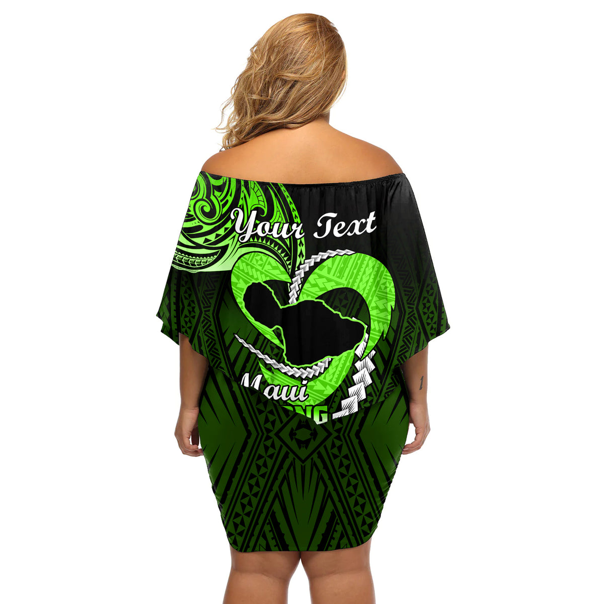 Personalised Hawaii Off Shoulder Short Dress Maui Be Strong Kakau Green Version - Wonder Print Shop