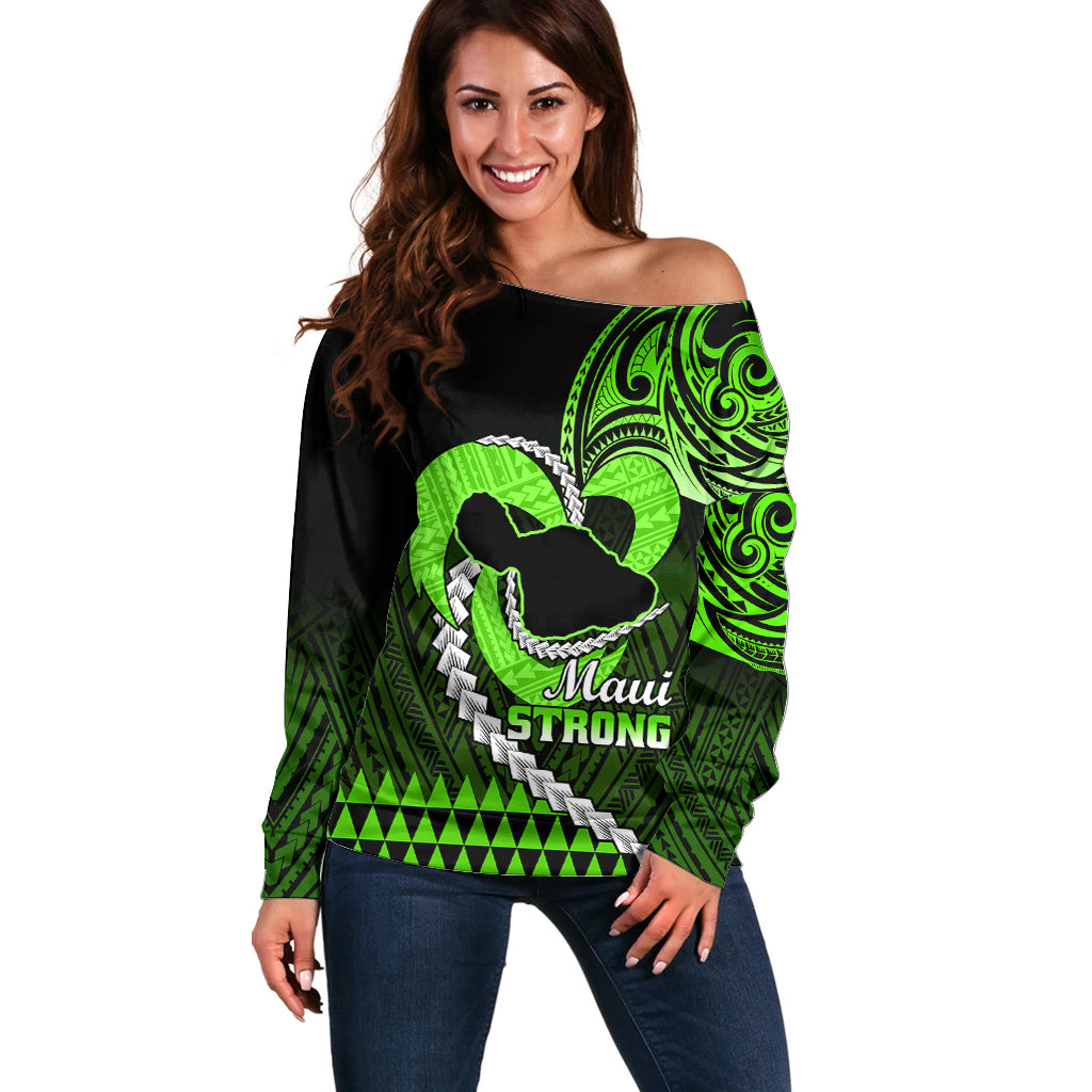 Personalised Hawaii Off Shoulder Sweater Maui Be Strong Kakau Green Version - Wonder Print Shop