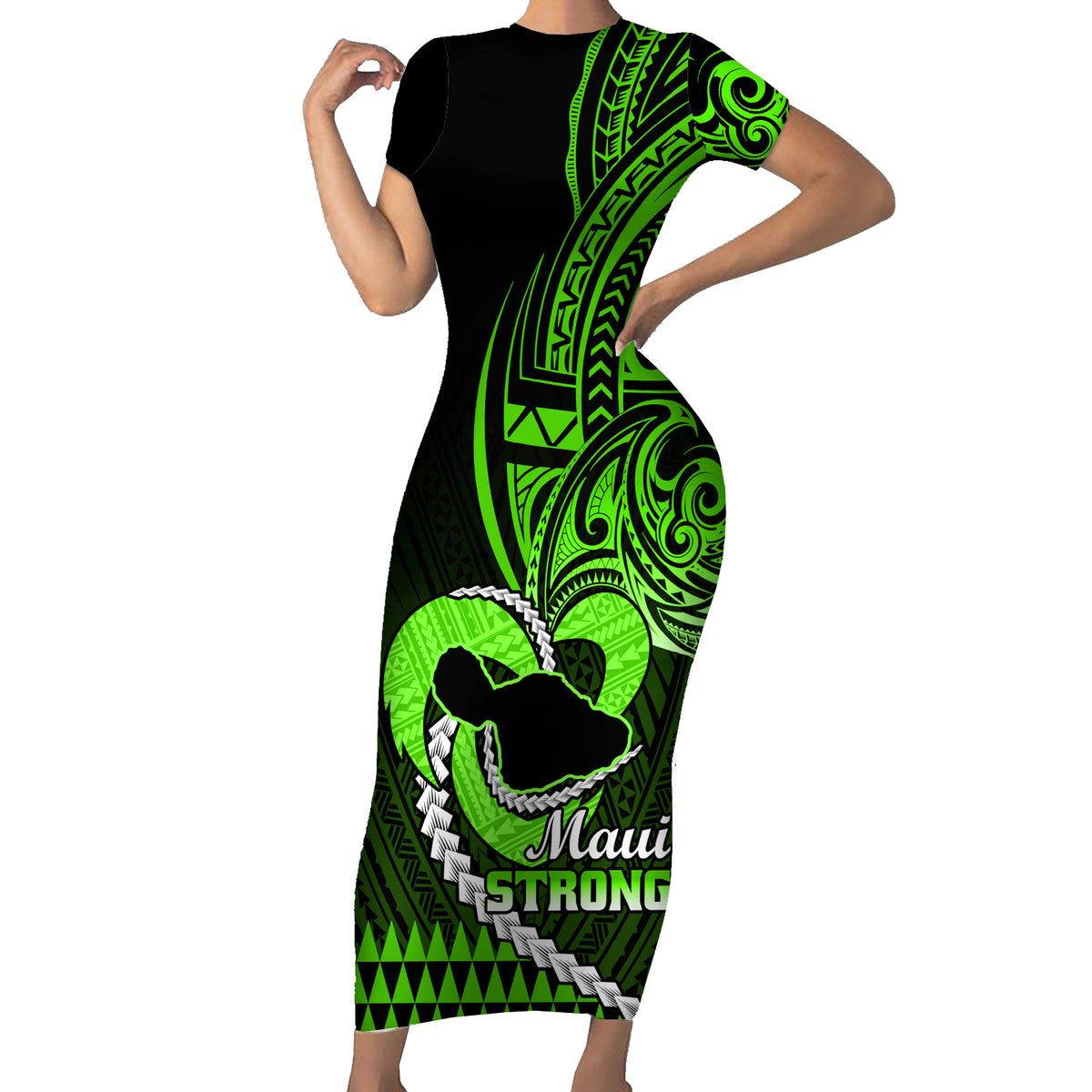 Personalised Hawaii Short Sleeve Bodycon Dress Maui Be Strong Kakau Green Version - Wonder Print Shop