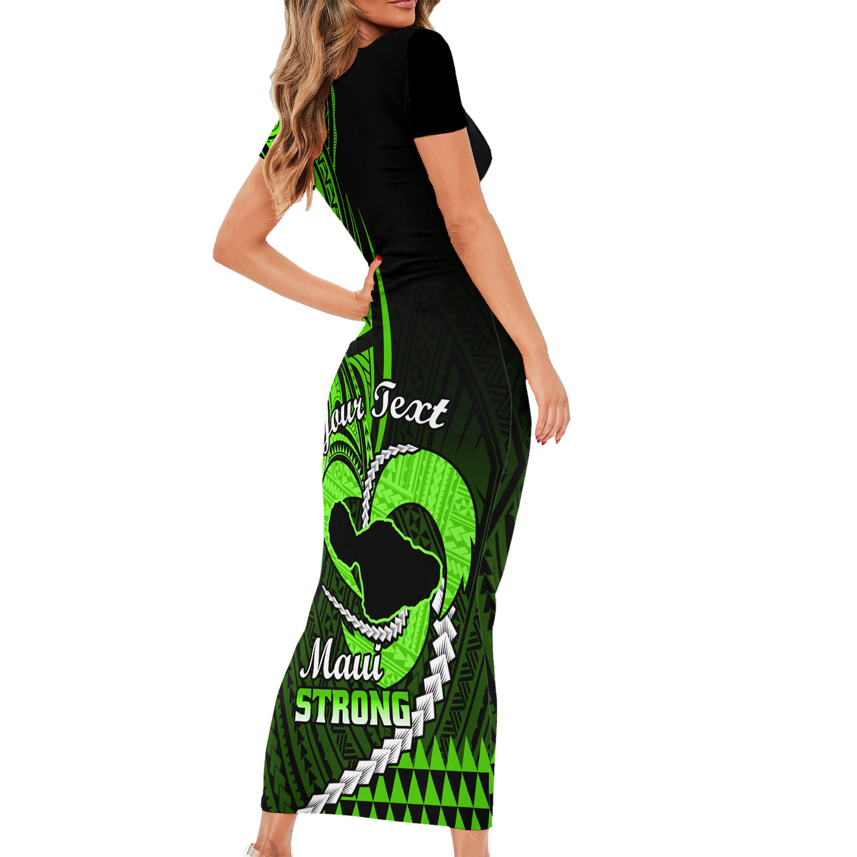 Personalised Hawaii Short Sleeve Bodycon Dress Maui Be Strong Kakau Green Version - Wonder Print Shop