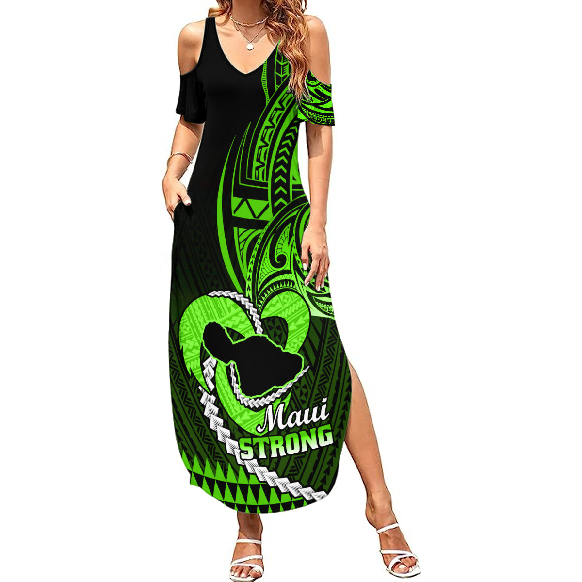 Personalised Hawaii Summer Maxi Dress Maui Be Strong Kakau Green Version - Wonder Print Shop