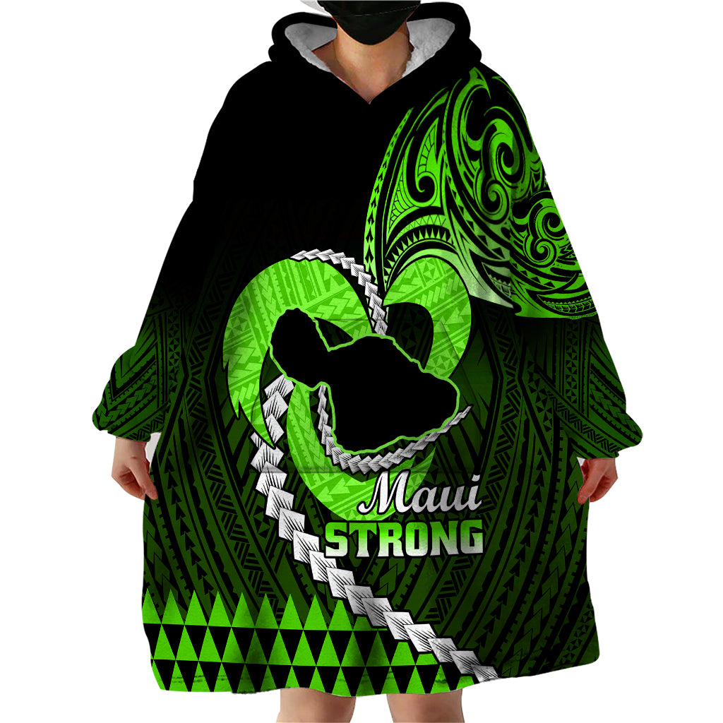 Personalised Hawaii Wearable Blanket Hoodie Maui Be Strong Kakau Green Version - Wonder Print Shop