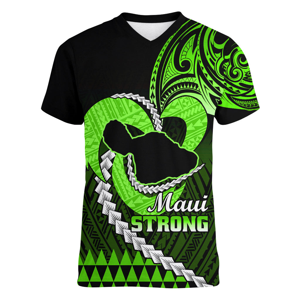 Personalised Hawaii Women V Neck T Shirt Maui Be Strong Kakau Green Version - Wonder Print Shop