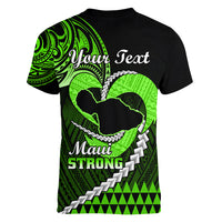Personalised Hawaii Women V Neck T Shirt Maui Be Strong Kakau Green Version - Wonder Print Shop