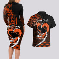 Personalised Hawaii Couples Matching Long Sleeve Bodycon Dress and Hawaiian Shirt Maui Be Strong Kakau Orange Version - Wonder Print Shop