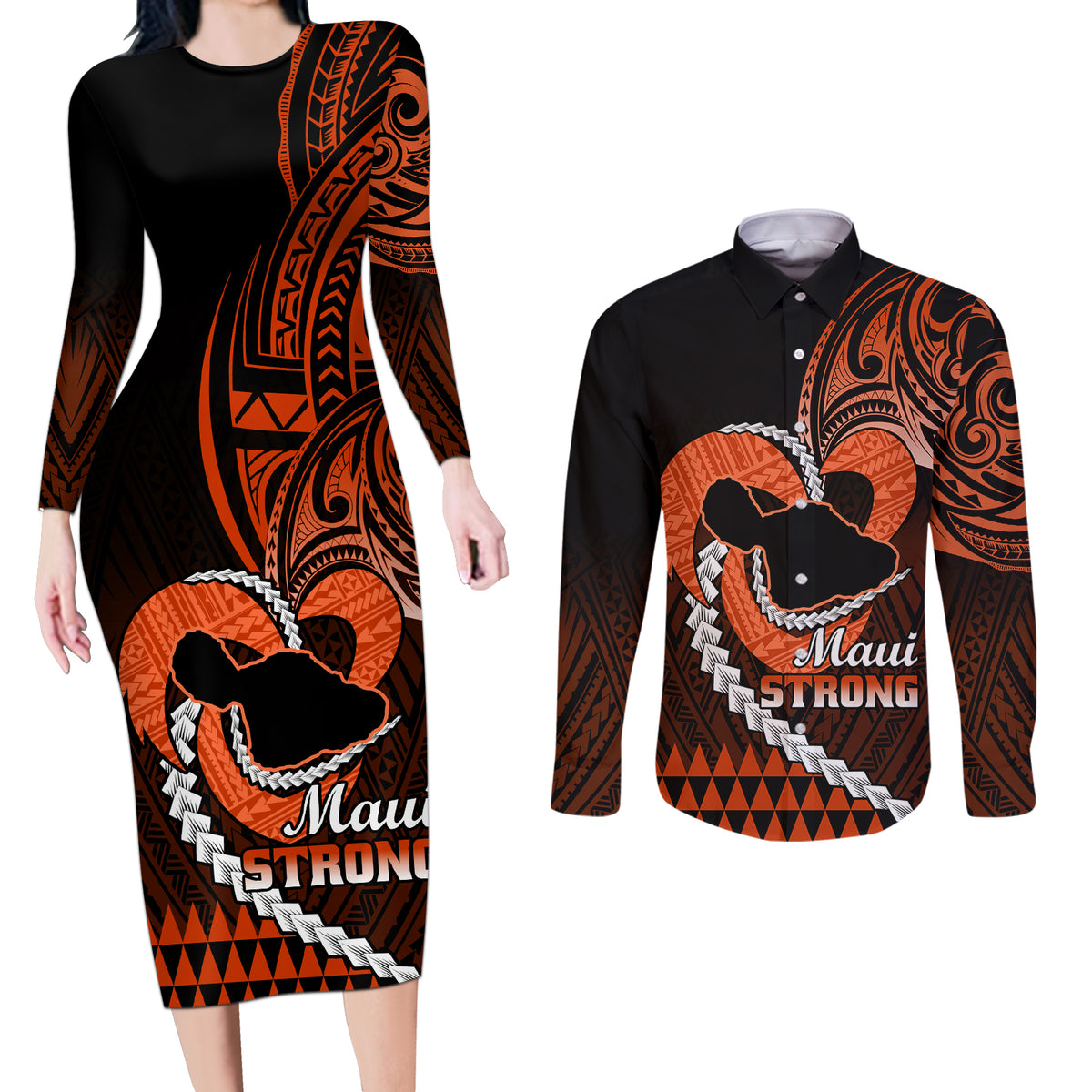Personalised Hawaii Couples Matching Long Sleeve Bodycon Dress and Long Sleeve Button Shirts Maui Be Strong Kakau Orange Version - Wonder Print Shop