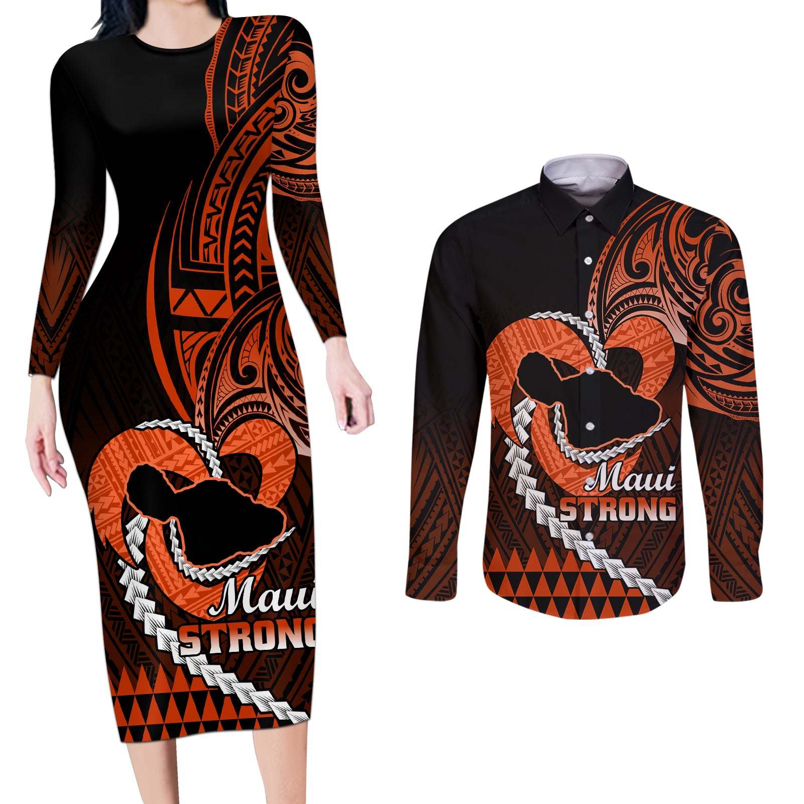Personalised Hawaii Couples Matching Long Sleeve Bodycon Dress and Long Sleeve Button Shirts Maui Be Strong Kakau Orange Version - Wonder Print Shop