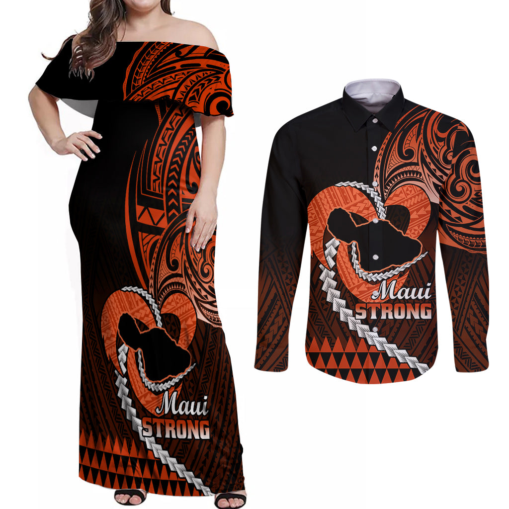Personalised Hawaii Couples Matching Off Shoulder Maxi Dress and Long Sleeve Button Shirts Maui Be Strong Kakau Orange Version - Wonder Print Shop