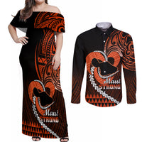 Personalised Hawaii Couples Matching Off Shoulder Maxi Dress and Long Sleeve Button Shirts Maui Be Strong Kakau Orange Version - Wonder Print Shop