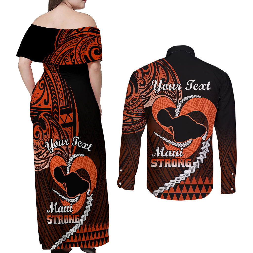 Personalised Hawaii Couples Matching Off Shoulder Maxi Dress and Long Sleeve Button Shirts Maui Be Strong Kakau Orange Version - Wonder Print Shop