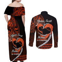 Personalised Hawaii Couples Matching Off Shoulder Maxi Dress and Long Sleeve Button Shirts Maui Be Strong Kakau Orange Version - Wonder Print Shop
