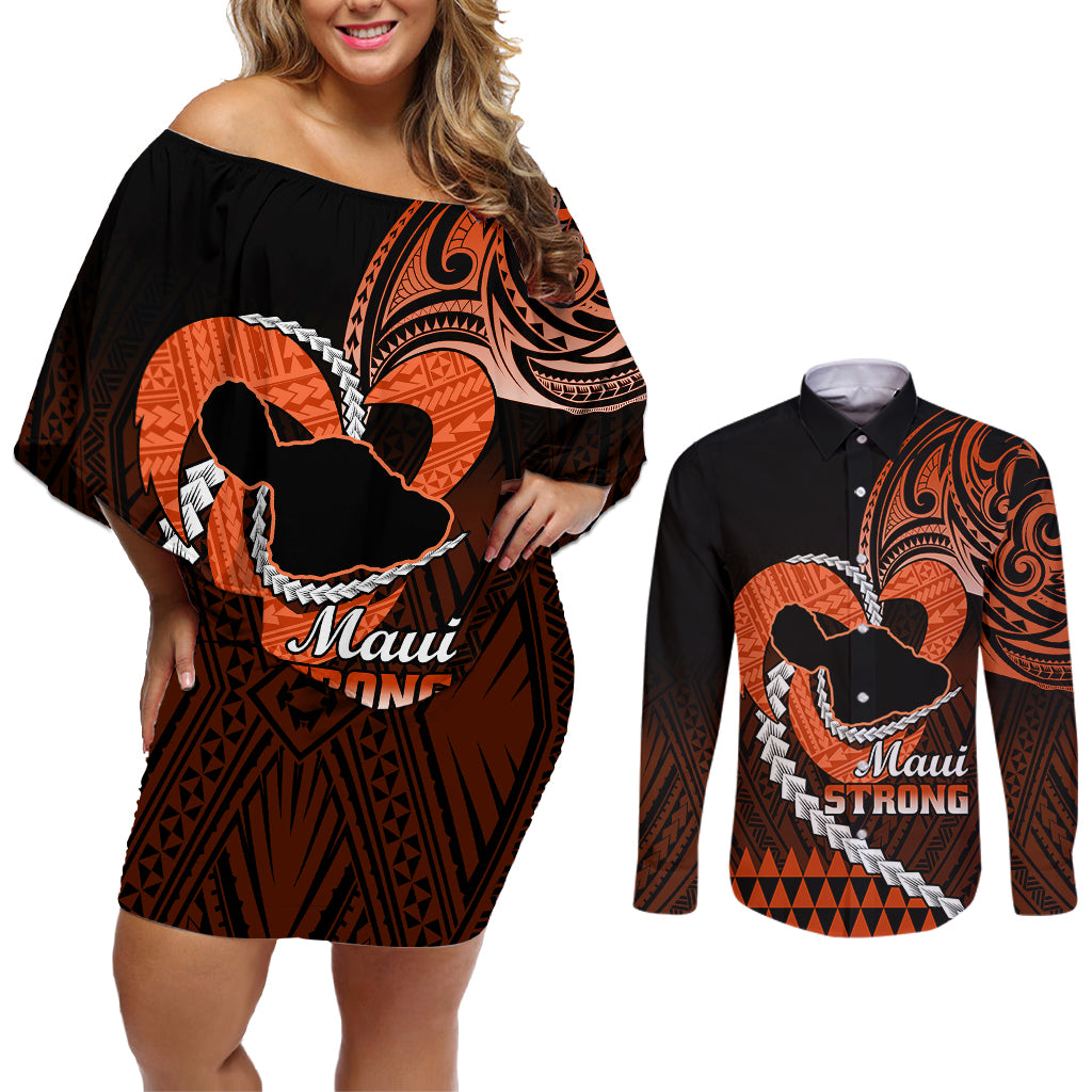 Personalised Hawaii Couples Matching Off Shoulder Short Dress and Long Sleeve Button Shirts Maui Be Strong Kakau Orange Version - Wonder Print Shop