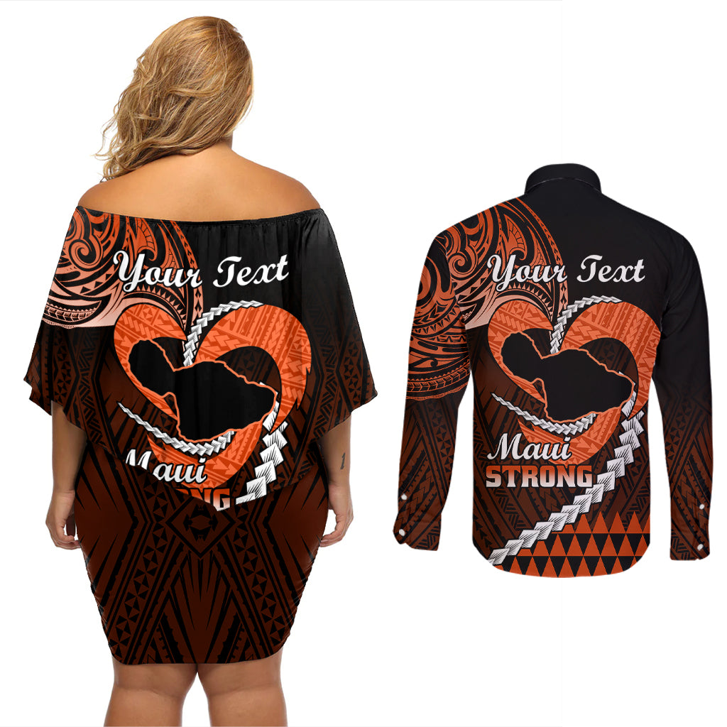 Personalised Hawaii Couples Matching Off Shoulder Short Dress and Long Sleeve Button Shirts Maui Be Strong Kakau Orange Version - Wonder Print Shop