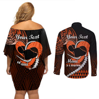 Personalised Hawaii Couples Matching Off Shoulder Short Dress and Long Sleeve Button Shirts Maui Be Strong Kakau Orange Version - Wonder Print Shop