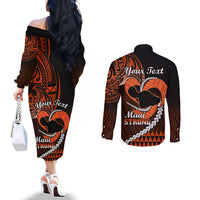 personalised-hawaii-couples-matching-off-the-shoulder-long-sleeve-dress-and-long-sleeve-button-shirts-maui-be-strong-kakau-orange-version