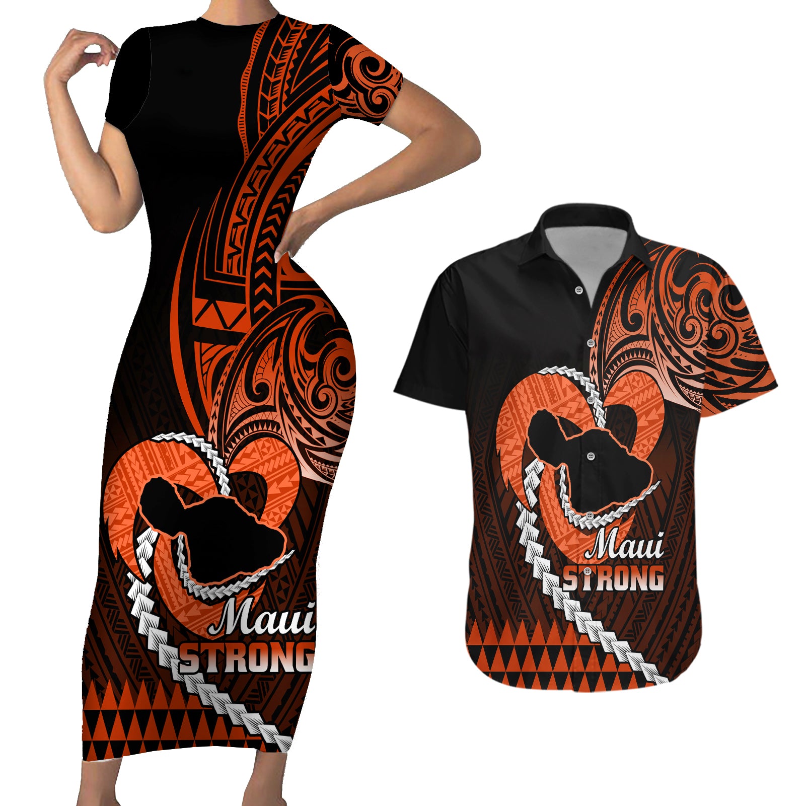 Personalised Hawaii Couples Matching Short Sleeve Bodycon Dress and Hawaiian Shirt Maui Be Strong Kakau Orange Version - Wonder Print Shop