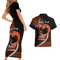 Personalised Hawaii Couples Matching Short Sleeve Bodycon Dress and Hawaiian Shirt Maui Be Strong Kakau Orange Version - Wonder Print Shop