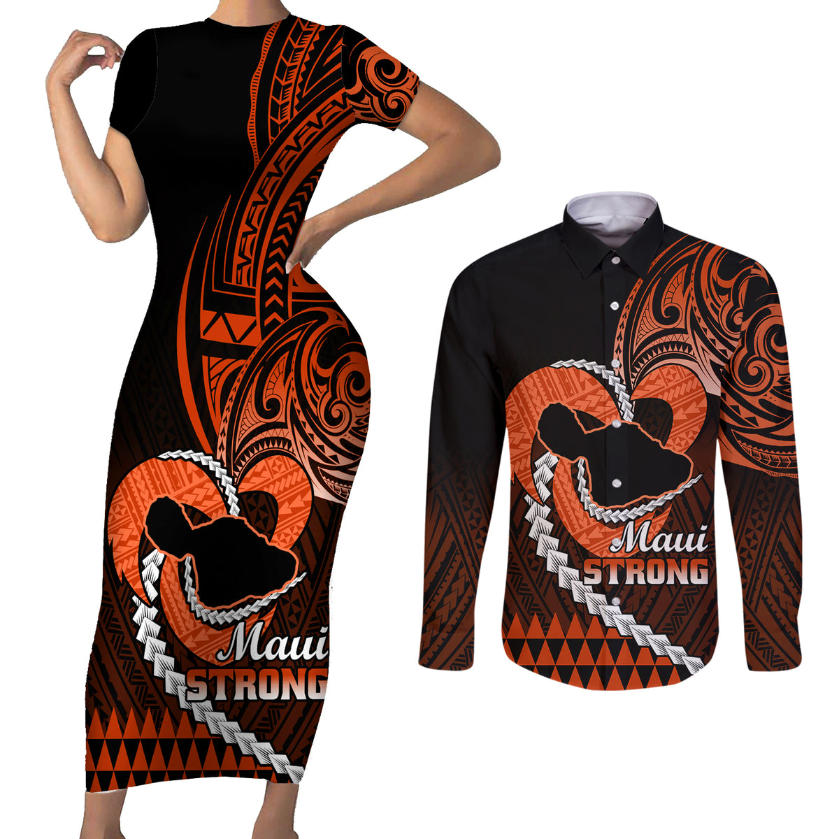 Personalised Hawaii Couples Matching Short Sleeve Bodycon Dress and Long Sleeve Button Shirts Maui Be Strong Kakau Orange Version - Wonder Print Shop