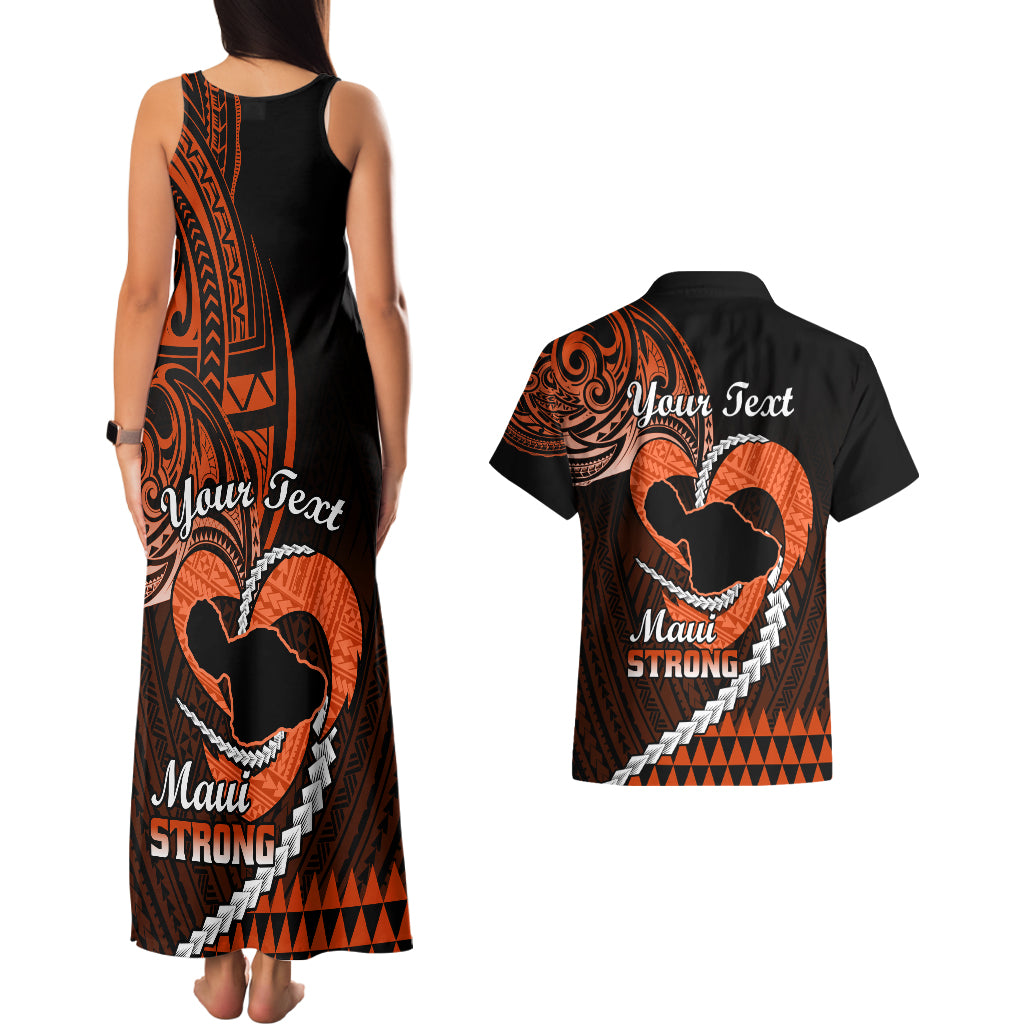 Personalised Hawaii Couples Matching Tank Maxi Dress and Hawaiian Shirt Maui Be Strong Kakau Orange Version - Wonder Print Shop