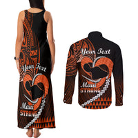 Personalised Hawaii Couples Matching Tank Maxi Dress and Long Sleeve Button Shirts Maui Be Strong Kakau Orange Version - Wonder Print Shop