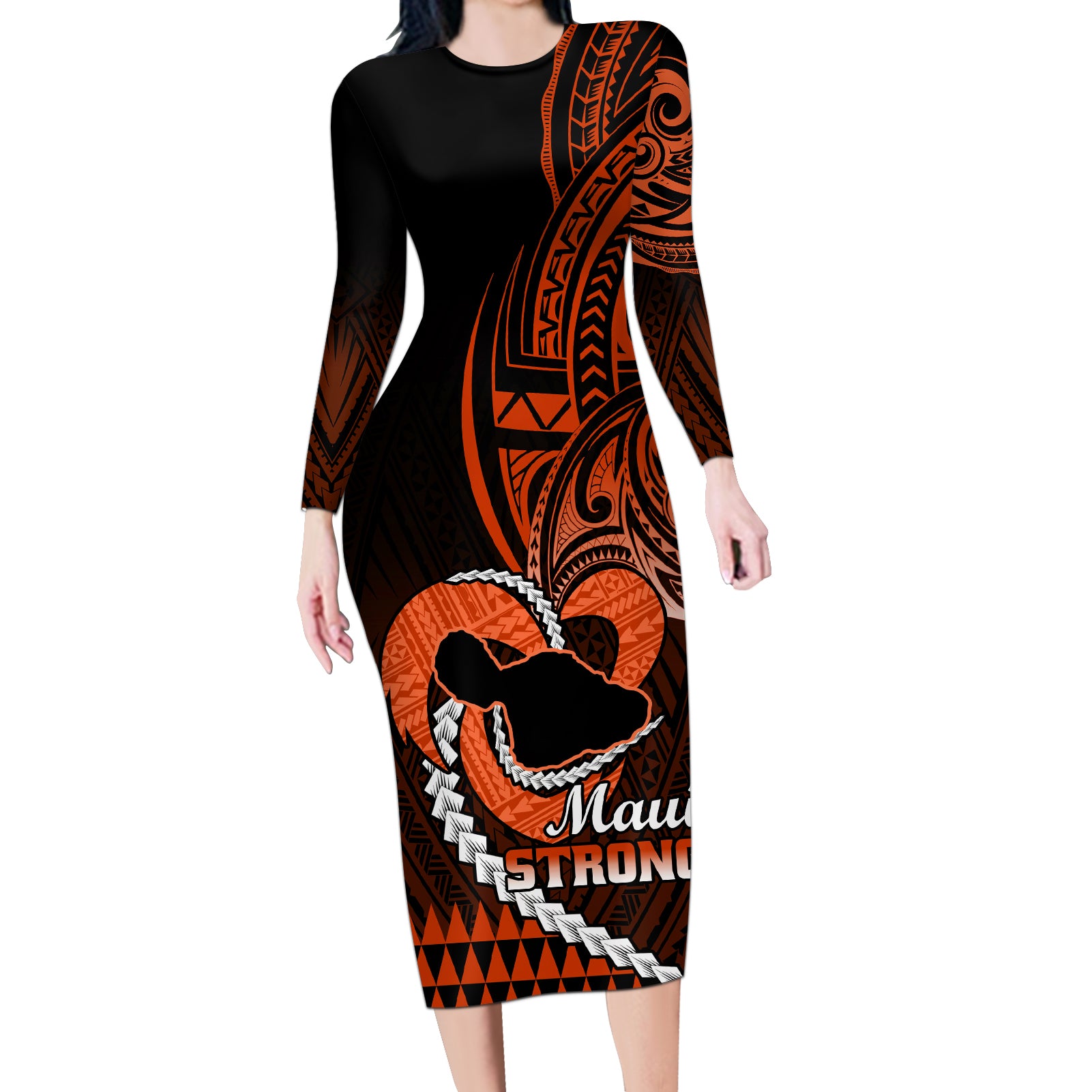 Personalised Hawaii Long Sleeve Bodycon Dress Maui Be Strong Kakau Orange Version - Wonder Print Shop