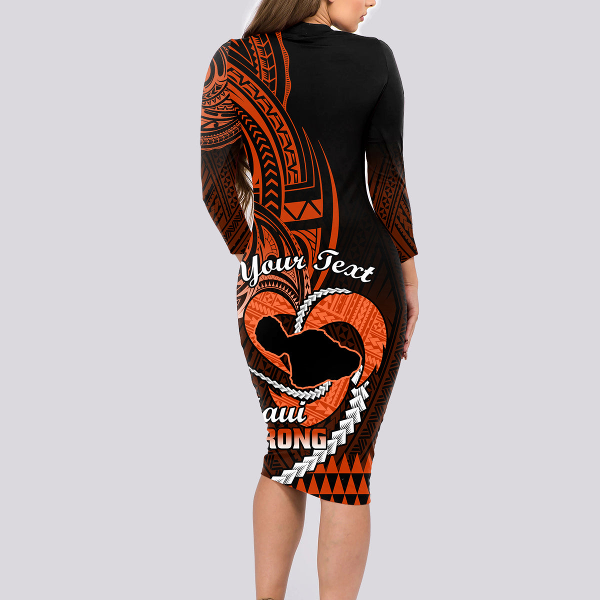 Personalised Hawaii Long Sleeve Bodycon Dress Maui Be Strong Kakau Orange Version - Wonder Print Shop