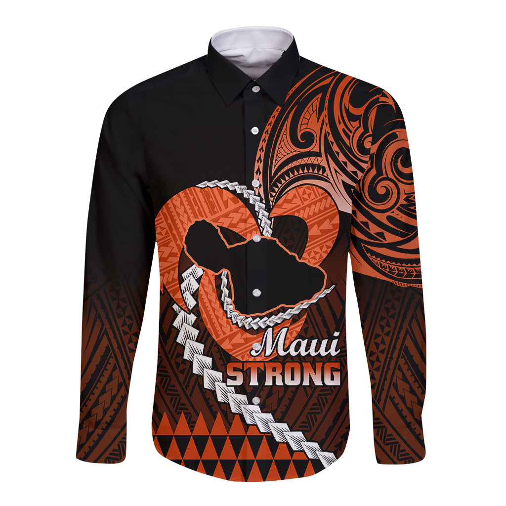 Personalised Hawaii Long Sleeve Button Shirt Maui Be Strong Kakau Orange Version - Wonder Print Shop