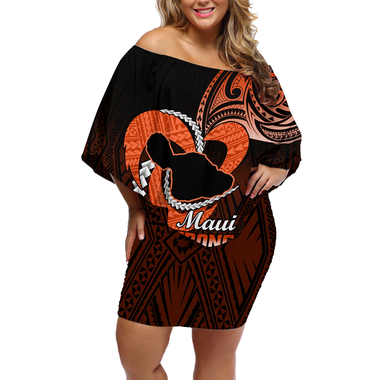 Personalised Hawaii Off Shoulder Short Dress Maui Be Strong Kakau Orange Version - Wonder Print Shop
