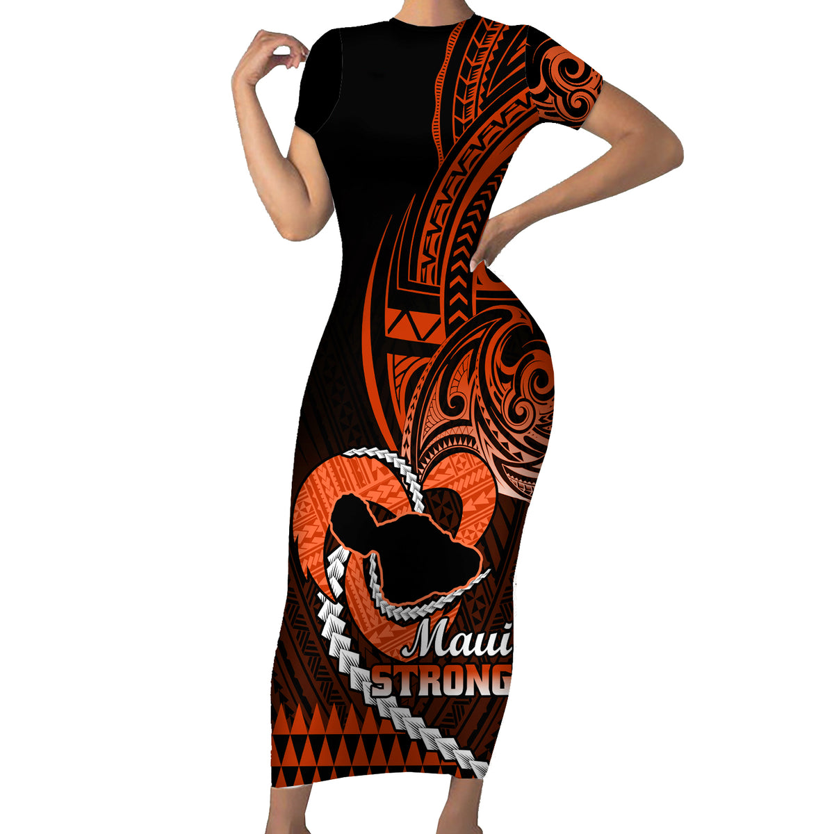 Personalised Hawaii Short Sleeve Bodycon Dress Maui Be Strong Kakau Orange Version - Wonder Print Shop