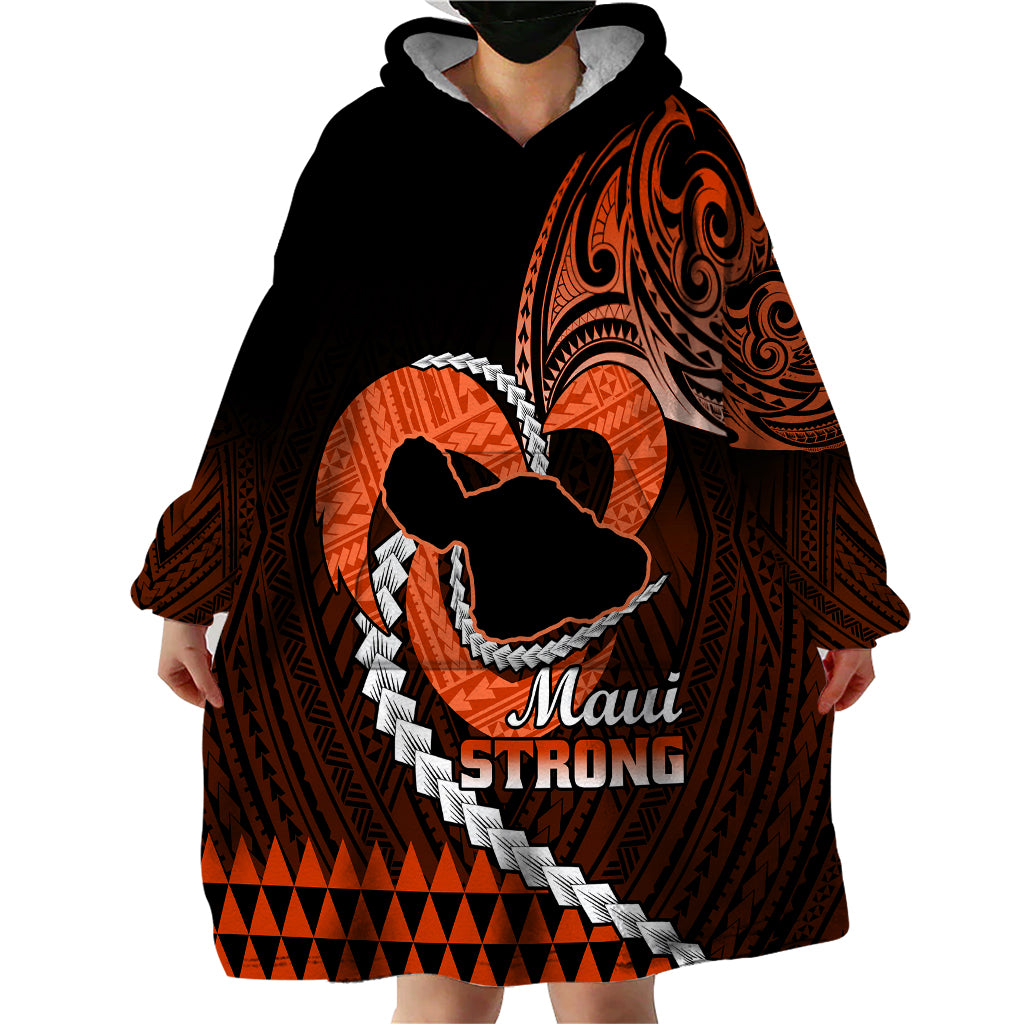 Personalised Hawaii Wearable Blanket Hoodie Maui Be Strong Kakau Orange Version - Wonder Print Shop