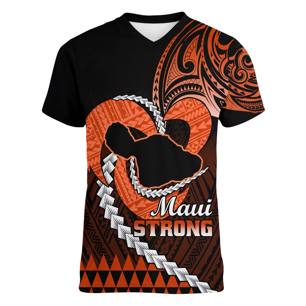 Personalised Hawaii Women V Neck T Shirt Maui Be Strong Kakau Orange Version - Wonder Print Shop