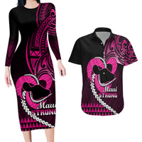 Personalised Hawaii Couples Matching Long Sleeve Bodycon Dress and Hawaiian Shirt Maui Be Strong Kakau Pink Version - Wonder Print Shop