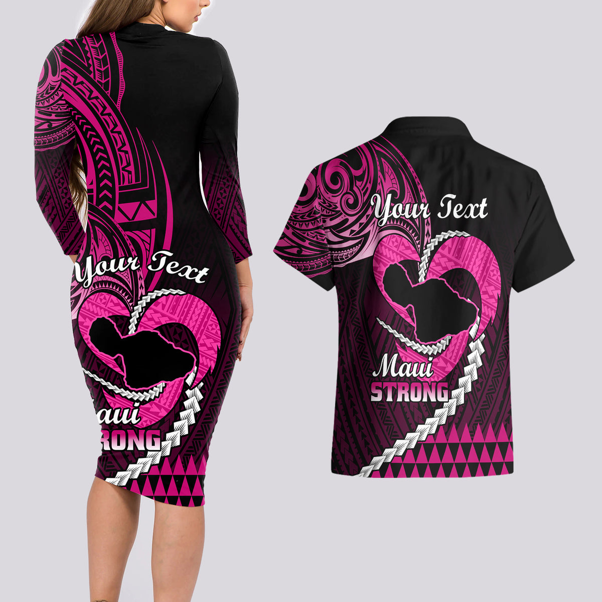 Personalised Hawaii Couples Matching Long Sleeve Bodycon Dress and Hawaiian Shirt Maui Be Strong Kakau Pink Version - Wonder Print Shop