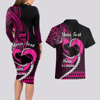 Personalised Hawaii Couples Matching Long Sleeve Bodycon Dress and Hawaiian Shirt Maui Be Strong Kakau Pink Version - Wonder Print Shop