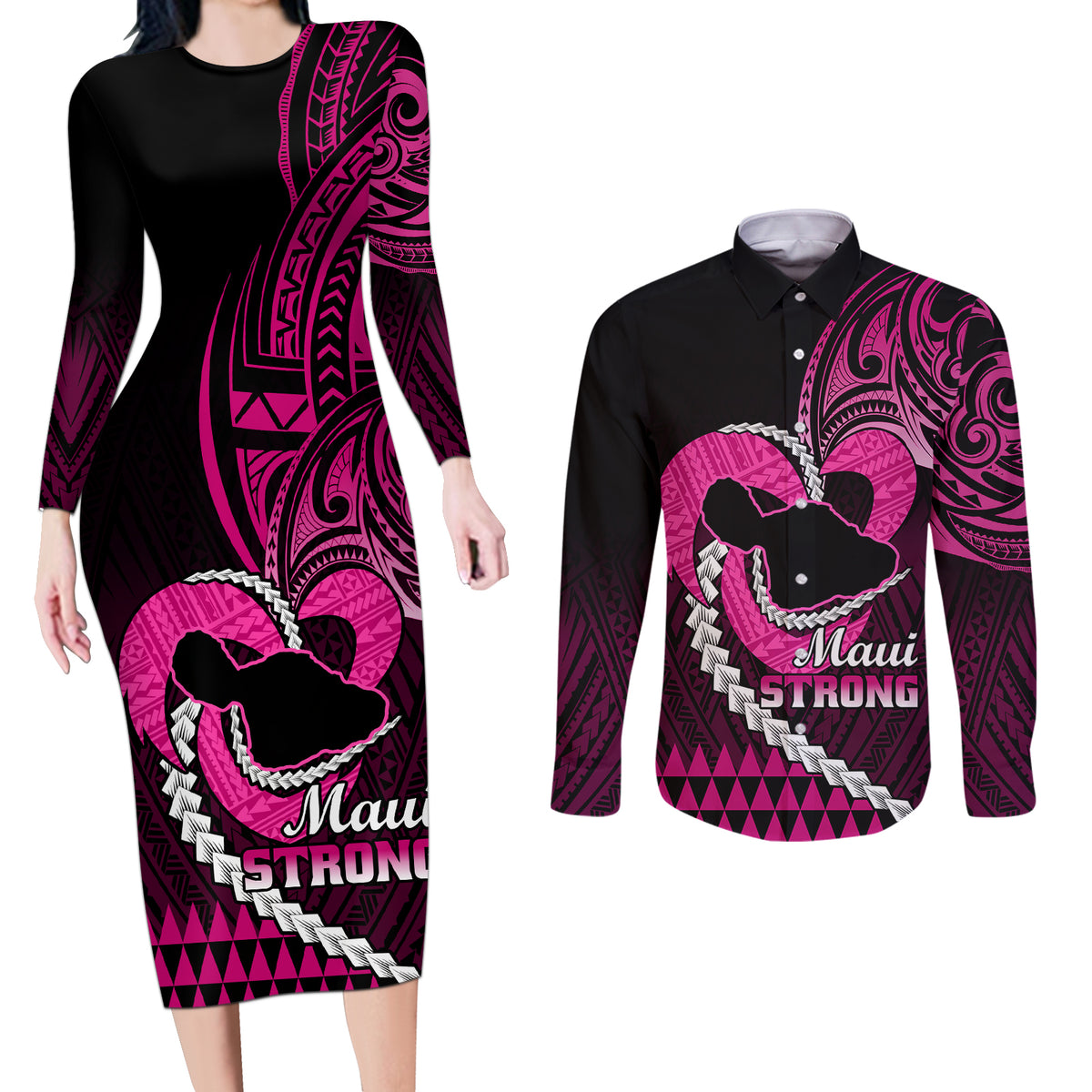 Personalised Hawaii Couples Matching Long Sleeve Bodycon Dress and Long Sleeve Button Shirts Maui Be Strong Kakau Pink Version - Wonder Print Shop