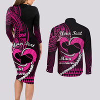 Personalised Hawaii Couples Matching Long Sleeve Bodycon Dress and Long Sleeve Button Shirts Maui Be Strong Kakau Pink Version - Wonder Print Shop