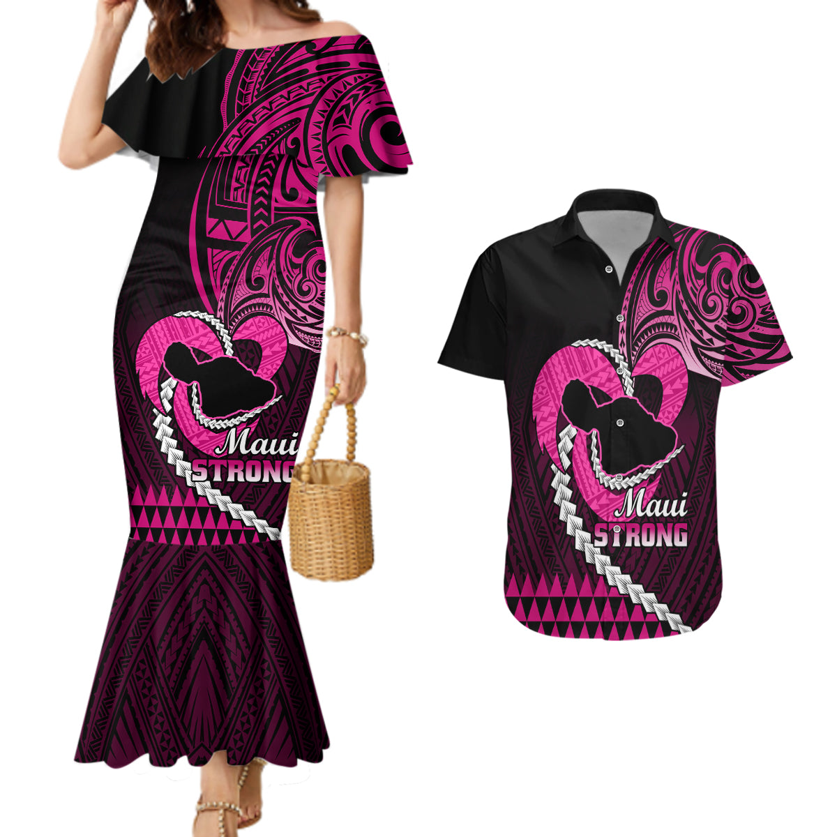 Personalised Hawaii Couples Matching Mermaid Dress and Hawaiian Shirt Maui Be Strong Kakau Pink Version - Wonder Print Shop