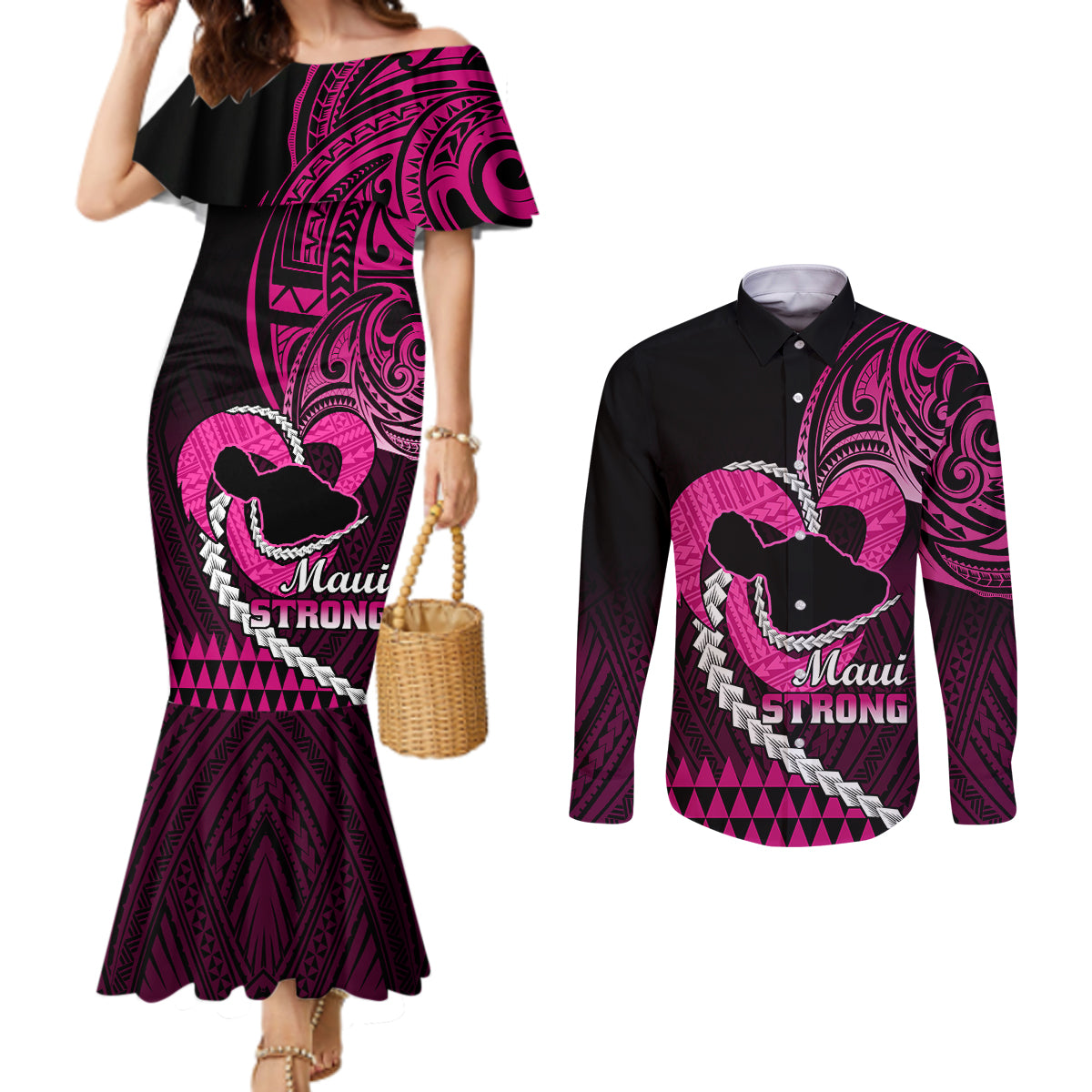 personalised-hawaii-couples-matching-mermaid-dress-and-long-sleeve-button-shirts-maui-be-strong-kakau-pink-version