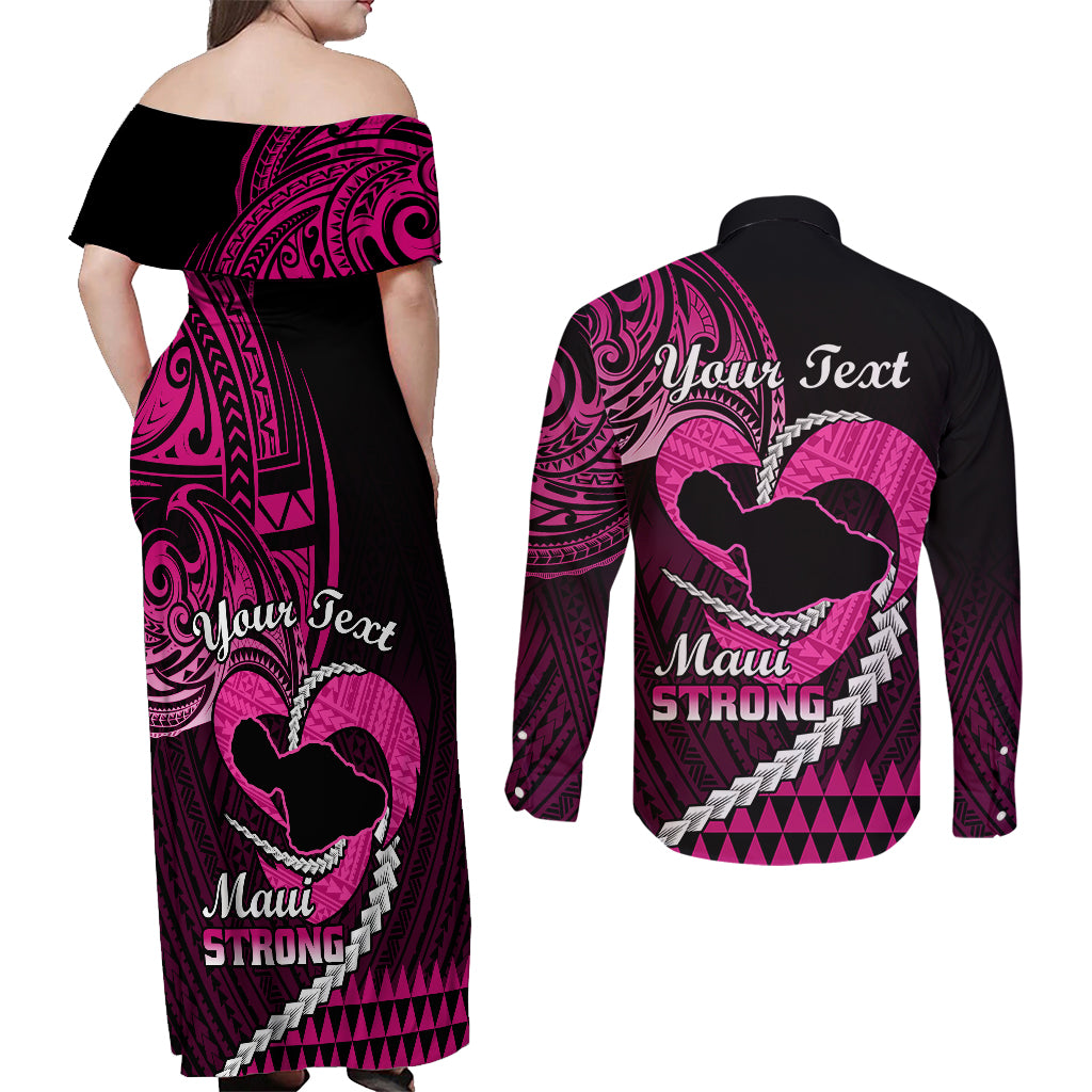 Personalised Hawaii Couples Matching Off Shoulder Maxi Dress and Long Sleeve Button Shirts Maui Be Strong Kakau Pink Version - Wonder Print Shop