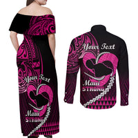Personalised Hawaii Couples Matching Off Shoulder Maxi Dress and Long Sleeve Button Shirts Maui Be Strong Kakau Pink Version - Wonder Print Shop