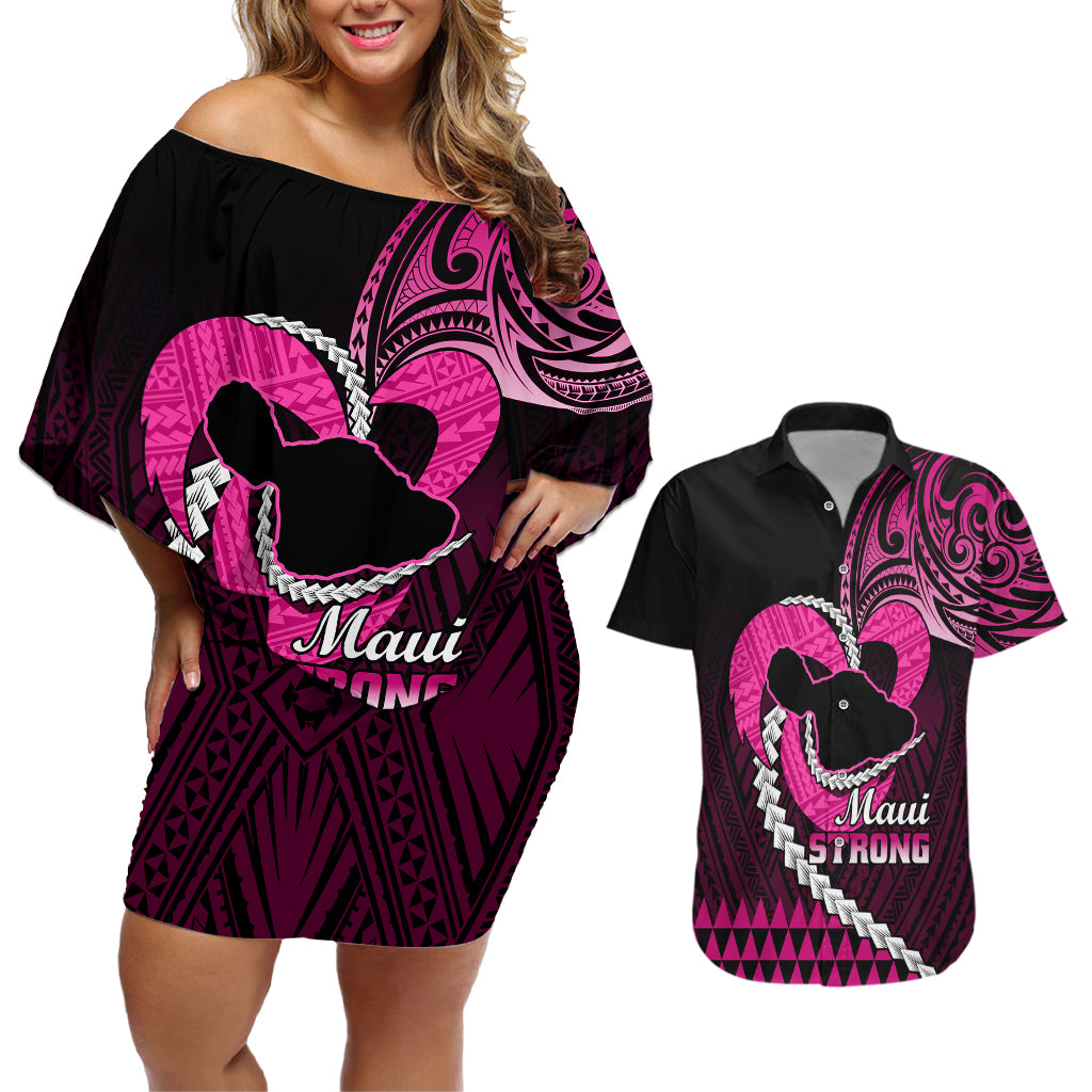 Personalised Hawaii Couples Matching Off Shoulder Short Dress and Hawaiian Shirt Maui Be Strong Kakau Pink Version - Wonder Print Shop