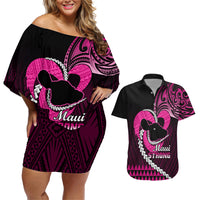 Personalised Hawaii Couples Matching Off Shoulder Short Dress and Hawaiian Shirt Maui Be Strong Kakau Pink Version - Wonder Print Shop