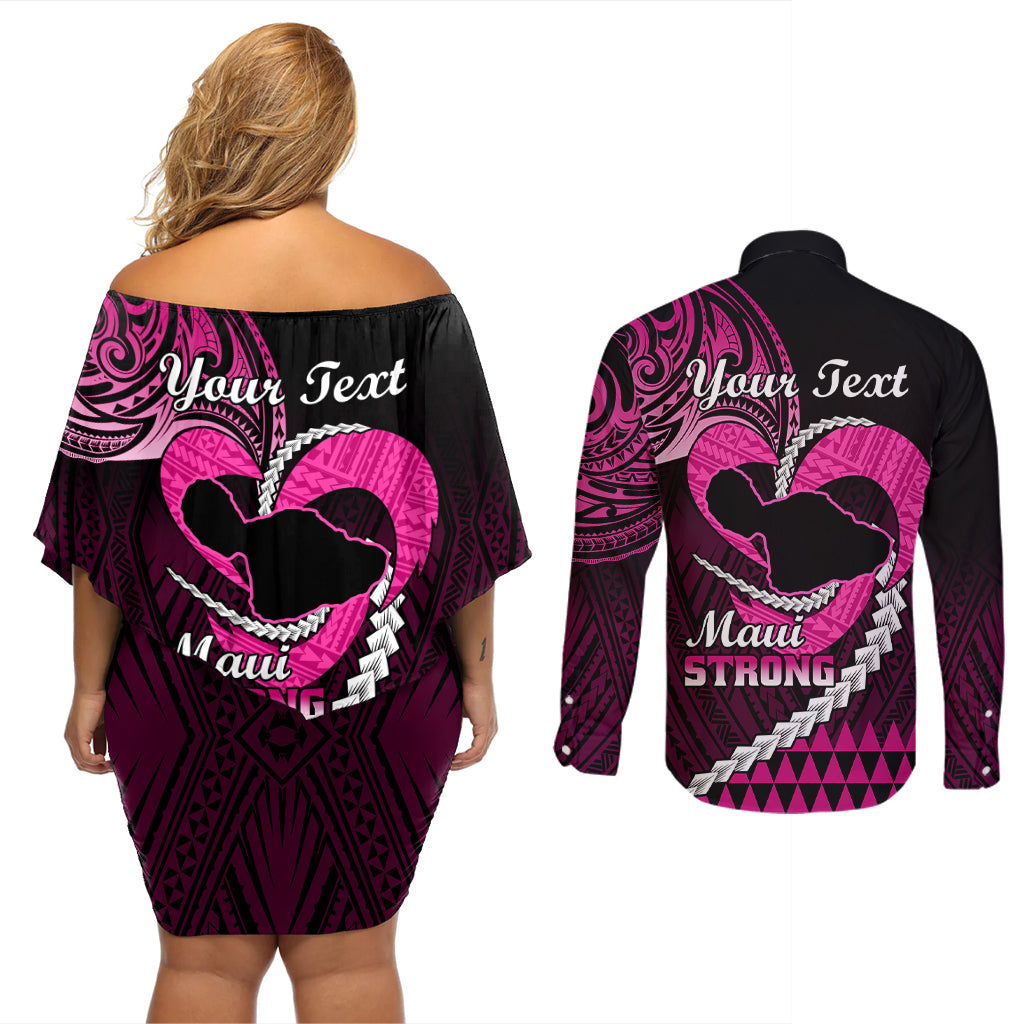 Personalised Hawaii Couples Matching Off Shoulder Short Dress and Long Sleeve Button Shirts Maui Be Strong Kakau Pink Version - Wonder Print Shop